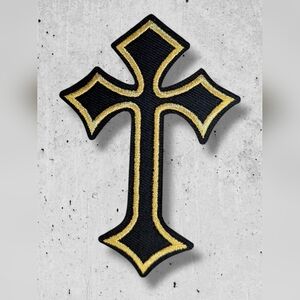 🔥NWT Large Punk Goth Gold and Black Cross Biker Vest Patch
